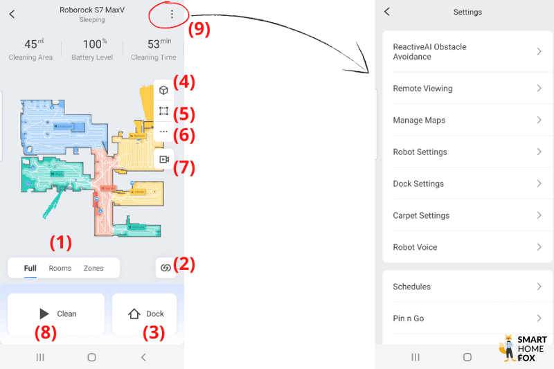 Die Einstellungsmöglichkeiten auf dem Startbildschirm der Roborock S7 MaxV Ultra App sind zu sehen